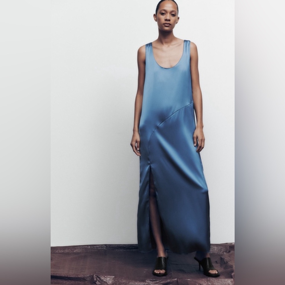 Zara blue satin maxi dress NWOT - Picture 1 of 4